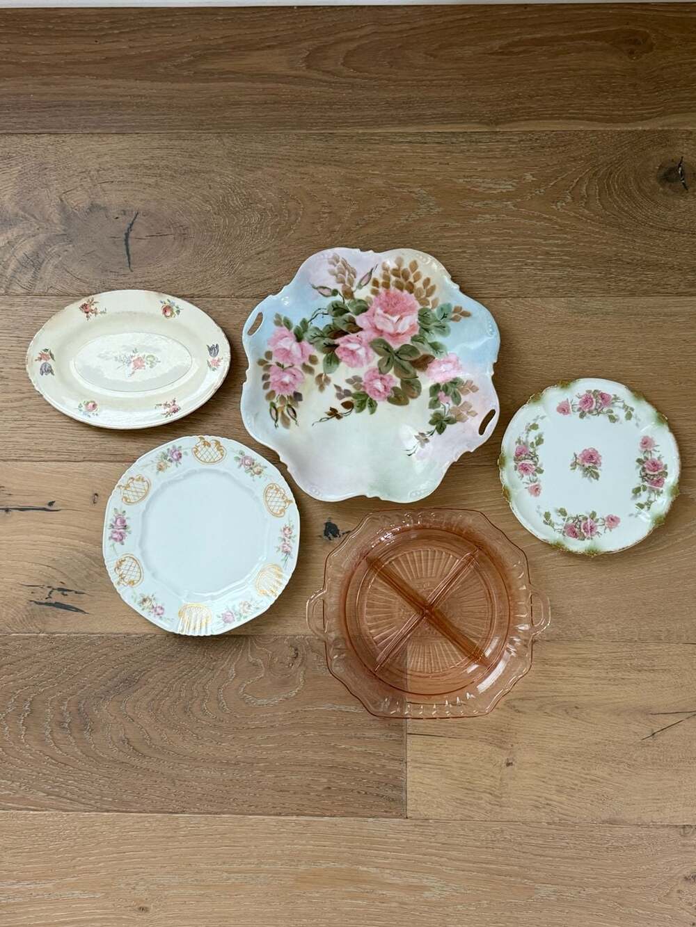 Pink plate wall: Antique and Vintage Floral Porcelain and Depression Glass